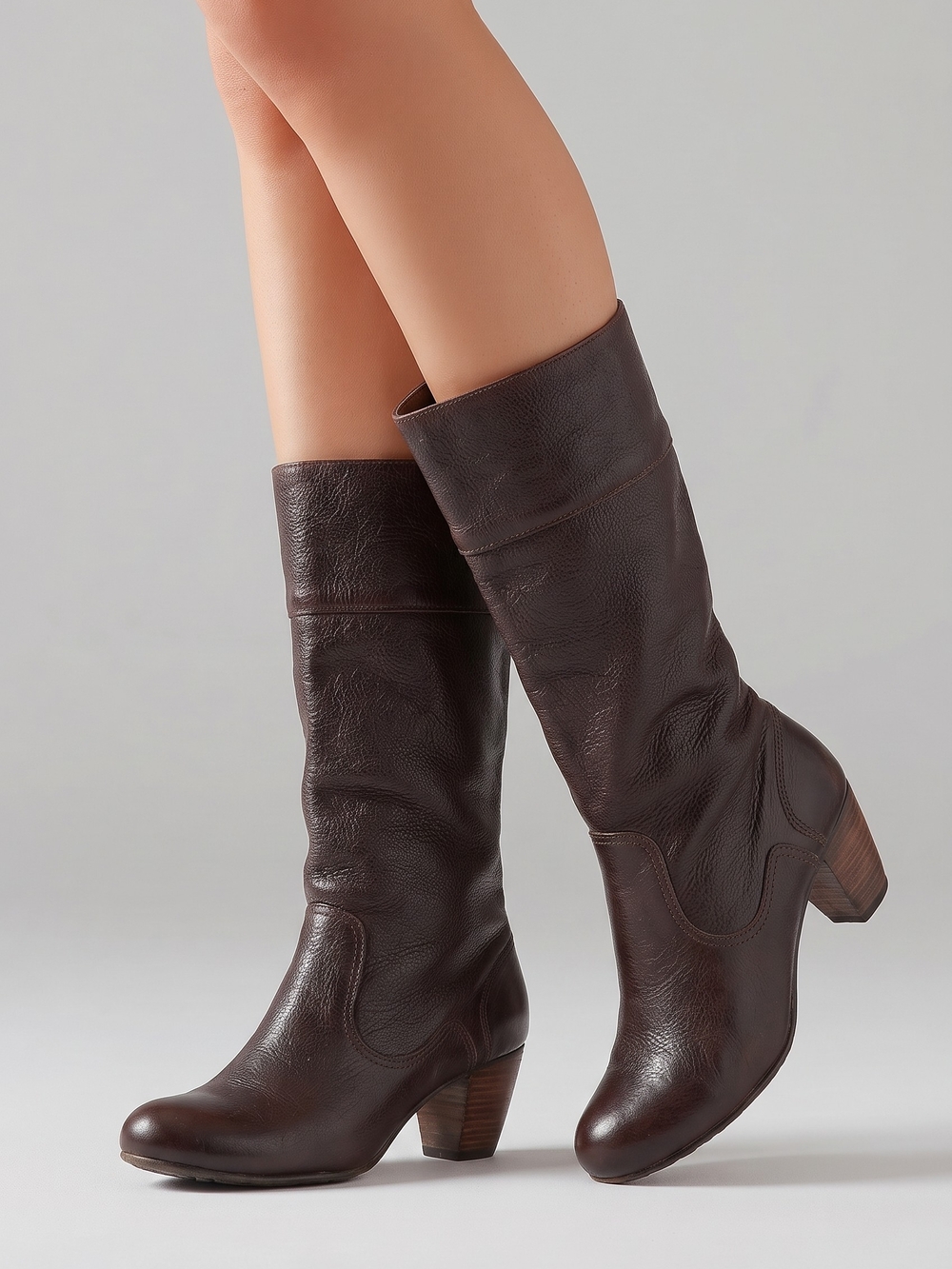 Vintage Prairie Brown Pebbled Leather Slouch Heeled Boots Made in Brazil